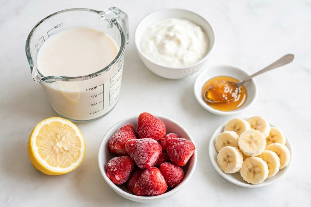 Almond milk, Greek yogurt, honey, lemon, frozen strawberries, and frozen banana arranged for a strawberry banana smoothie.