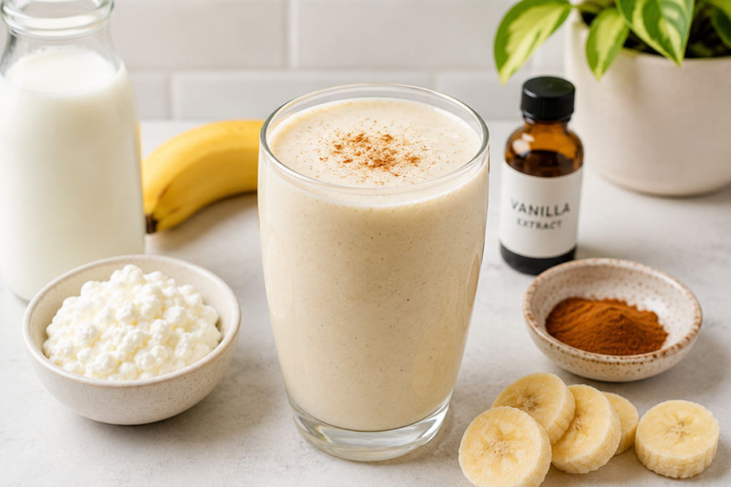 Creamy vanilla cottage cheese protein shake beside banana slices, cottage cheese, vanilla, and cinnamon.